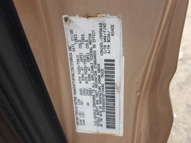 5TESN92N3YZ704440 - 2000 TOYOTA TACOMA XTR TAN photo 10