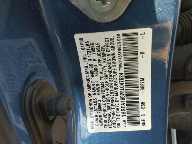 1HGFA16528L047624 - 2008 HONDA CIVIC LX BLUE photo 10