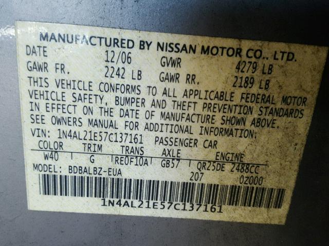 1N4AL21E57C137161 - 2007 NISSAN ALTIMA 2.5 SILVER photo 10