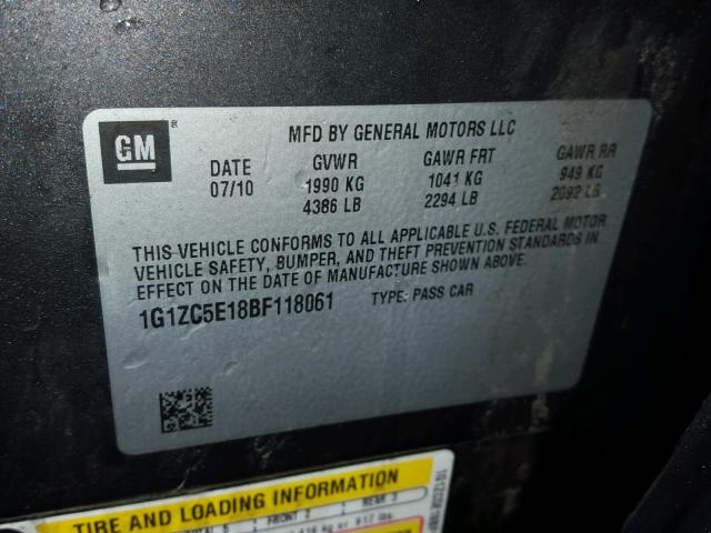 1G1ZC5E18BF118061 - 2011 CHEVROLET MALIBU 1LT GRAY photo 10