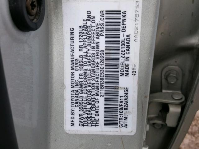 2T1BR38E53C128258 - 2003 TOYOTA COROLLA CE GRAY photo 10