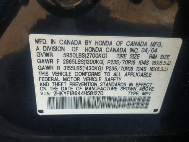 2HKYF18644H581270 - 2004 HONDA PILOT EXL BLACK photo 10