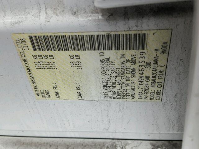 1N4AL21E49N463539 - 2009 NISSAN ALTIMA 2.5 WHITE photo 10