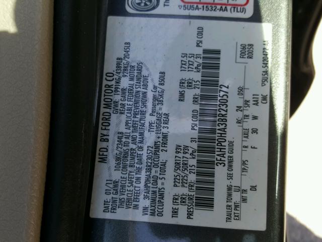 3FAHP0HA3BR230572 - 2011 FORD FUSION SE GRAY photo 10