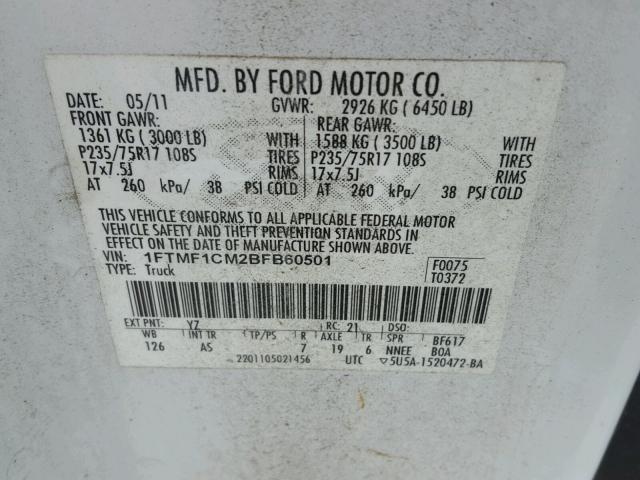 1FTMF1CM2BFB60501 - 2011 FORD F150 WHITE photo 10