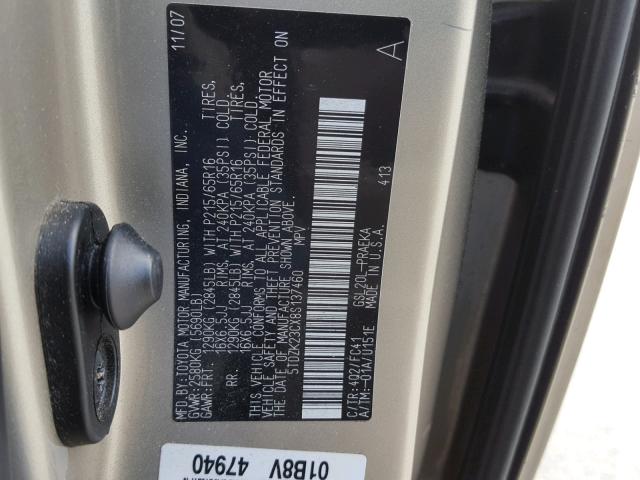 5TDZK23CX8S137460 - 2008 TOYOTA SIENNA CE GOLD photo 10