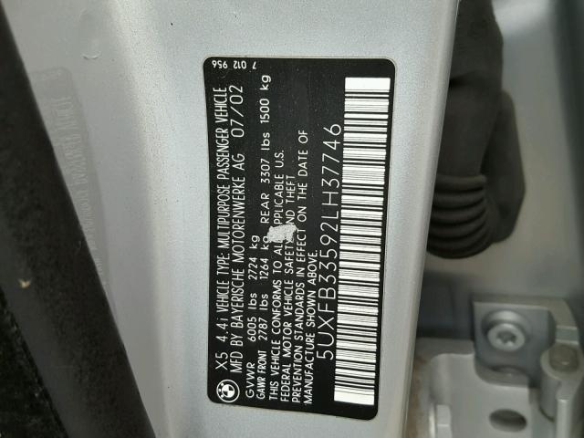 5UXFB33592LH37746 - 2002 BMW X5 4.4I GRAY photo 10