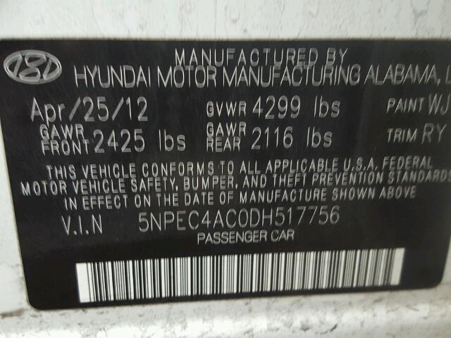 5NPEC4AC0DH517756 - 2013 HYUNDAI SONATA SE WHITE photo 10