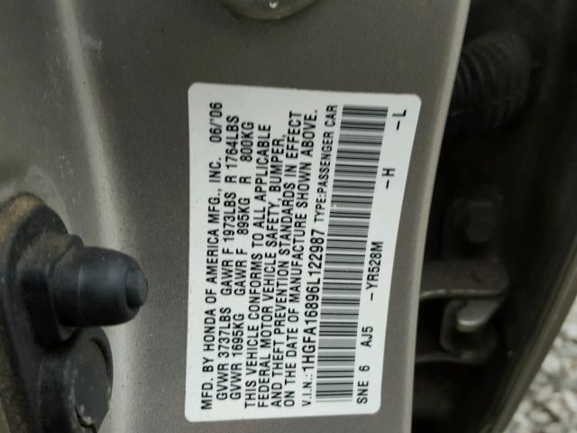 1HGFA16896L122987 - 2006 HONDA CIVIC EX GOLD photo 10