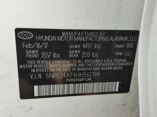 5NPE24AF4HH562394 - 2017 HYUNDAI SONATA SE WHITE photo 10