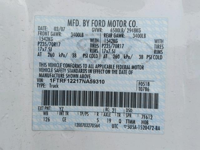 1FTRF12217NA59310 - 2007 FORD F150 WHITE photo 10