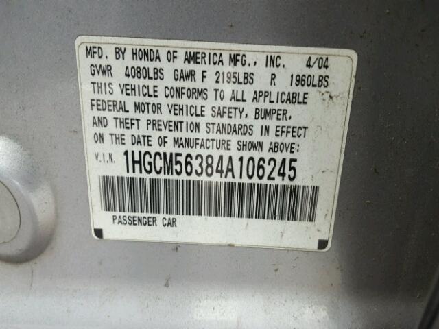 1HGCM56384A106245 - 2004 HONDA ACCORD LX SILVER photo 10