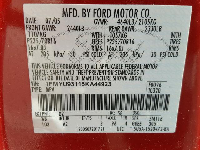 1FMYU93116KA44923 - 2006 FORD ESCAPE XLT RED photo 10