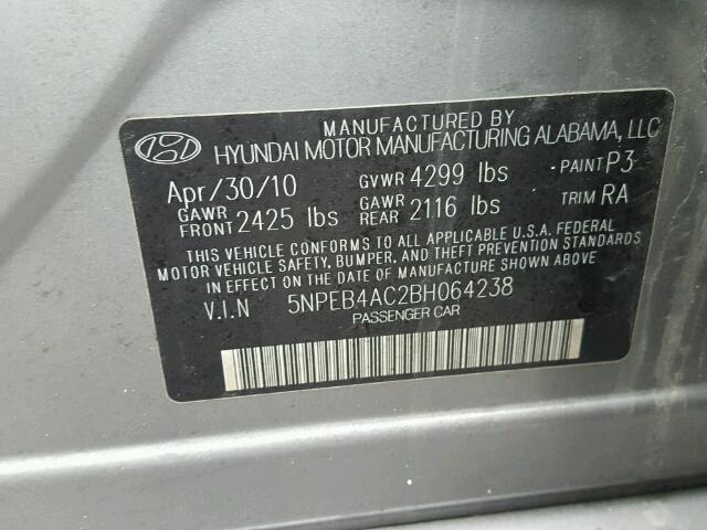 5NPEB4AC2BH064238 - 2011 HYUNDAI SONATA GLS GRAY photo 10