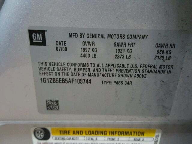 1G1ZB5EB5AF108744 - 2010 CHEVROLET MALIBU LS ვერცხლისფერი ფოტო 10