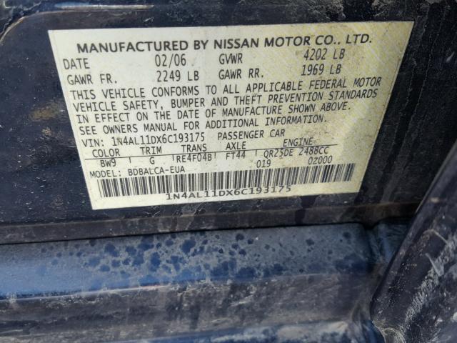 1N4AL11DX6C193175 - 2006 NISSAN ALTIMA S BLUE photo 10