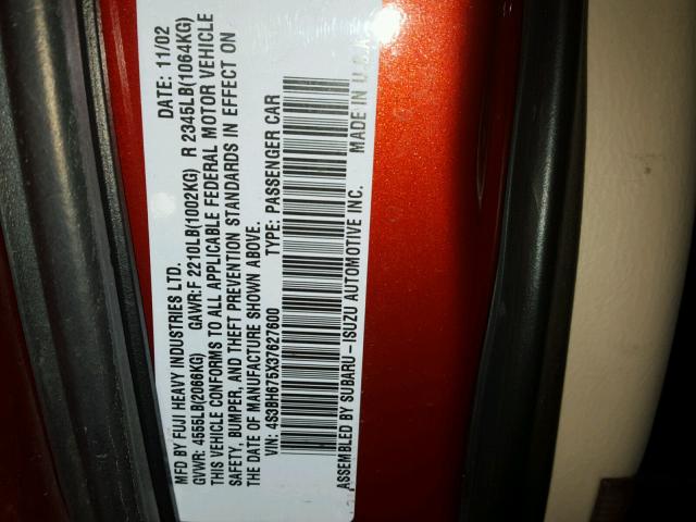 4S3BH675X37627600 - 2003 SUBARU LEGACY OUT RED photo 10