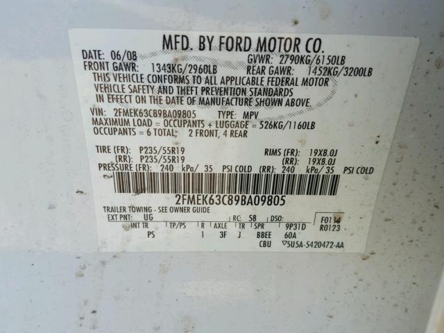 2FMEK63C89BA09805 - 2009 FORD FLEX LIMIT WHITE photo 10