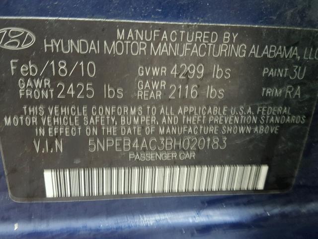 5NPEB4AC3BH020183 - 2011 HYUNDAI SONATA GLS BLUE photo 10