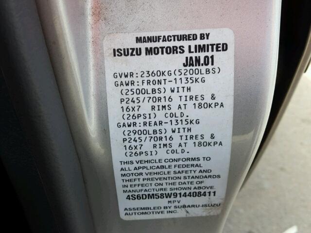 4S6DM58W914408411 - 2001 HONDA PASSPORT E SILVER photo 10