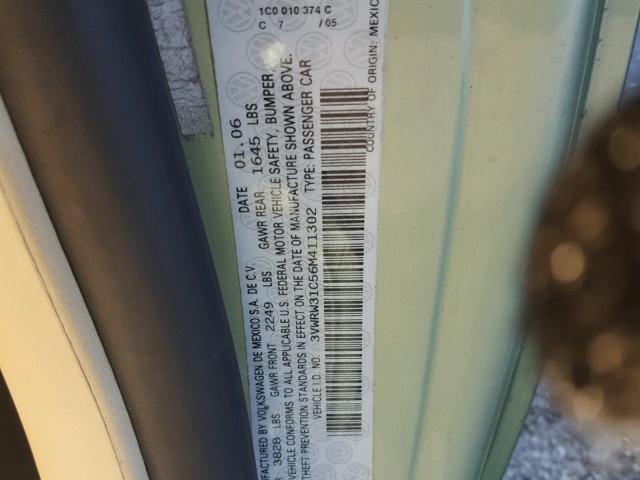 3VWRW31C56M411302 - 2006 VOLKSWAGEN NEW BEETLE 绿色 照片 10