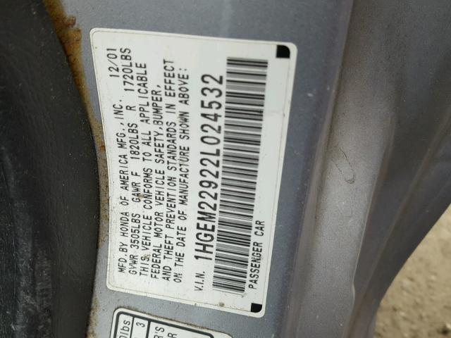 1HGEM22922L024532 - 2002 HONDA CIVIC EX ვერცხლისფერი ფოტო 10