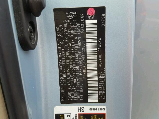 4T4BE46K29R132601 - 2009 TOYOTA CAMRY BASE BLUE photo 10