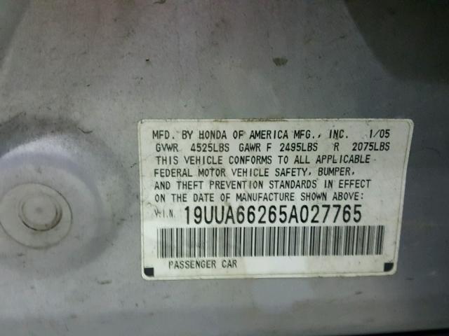 19UUA66265A027765 - 2005 ACURA TL SILVER photo 10