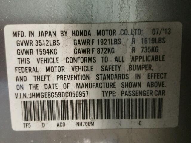 JHMGE8G59DC056957 - 2013 HONDA FIT SPORT SILVER photo 10