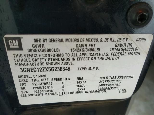 3GNEC12ZX5G238348 - 2005 CHEVROLET AVALANCHE BLACK photo 10