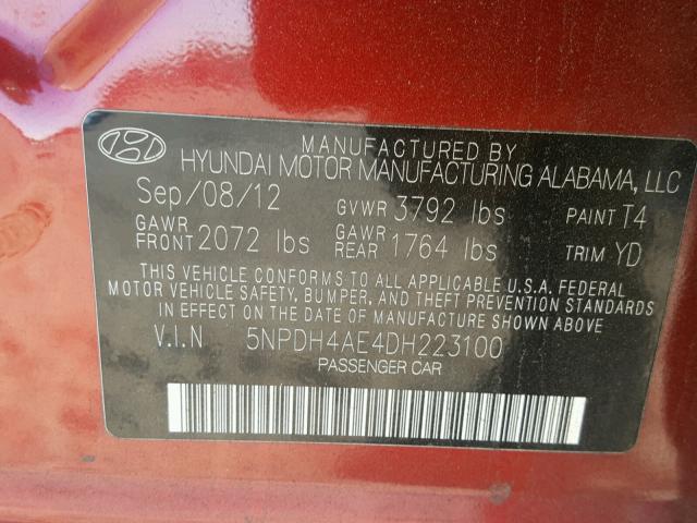 5NPDH4AE4DH223100 - 2013 HYUNDAI ELANTRA GL BURGUNDY photo 10