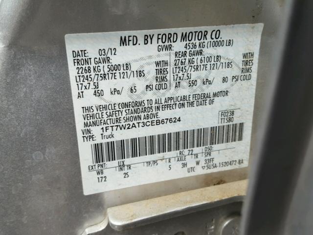 1FT7W2AT3CEB67624 - 2012 FORD F250 SUPER SILVER photo 10