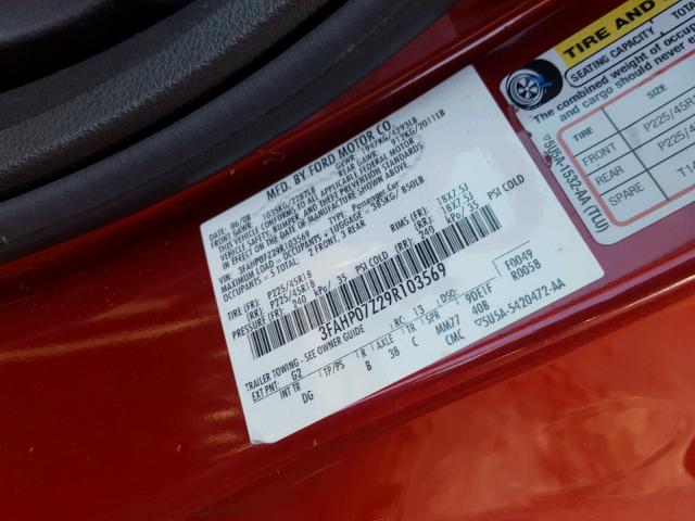 3FAHP07Z29R103569 - 2009 FORD FUSION SE RED photo 10