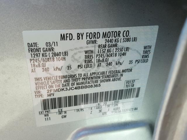 2FMDK3JC4BBB08365 - 2011 FORD EDGE SEL SILVER photo 10