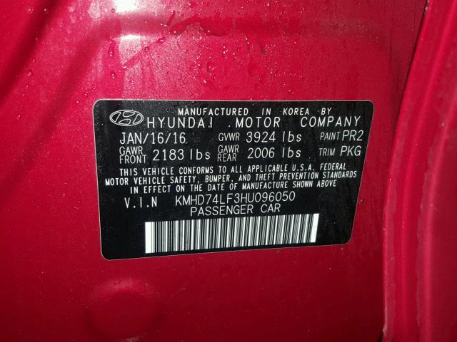 KMHD74LF3HU096050 - 2017 HYUNDAI ELANTRA SE RED photo 10