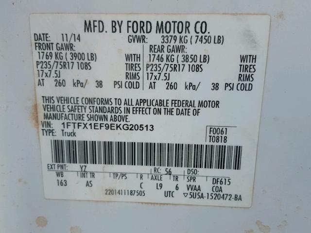 1FTFX1EF9EKG20513 - 2014 FORD F150 SUPER WHITE photo 10