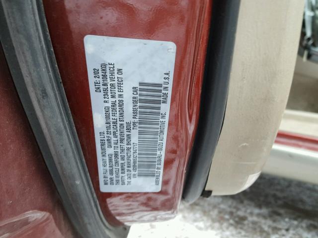 4S3BH665X27647717 - 2002 SUBARU LEGACY OUT MAROON photo 10