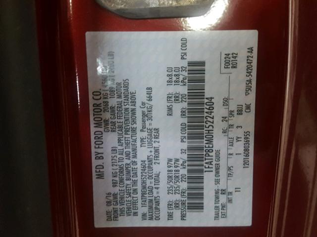 1FATP8EM0H5224604 - 2017 FORD MUSTANG RED photo 10