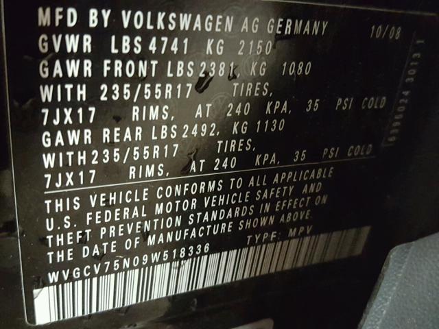 WVGCV75N09W518336 - 2009 VOLKSWAGEN TIGUAN S BLACK photo 10