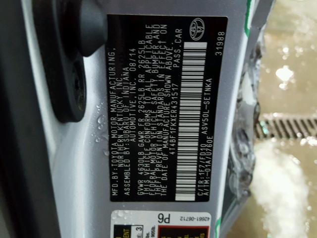 4T4BF1FKXER431517 - 2014 TOYOTA CAMRY L SILVER photo 10