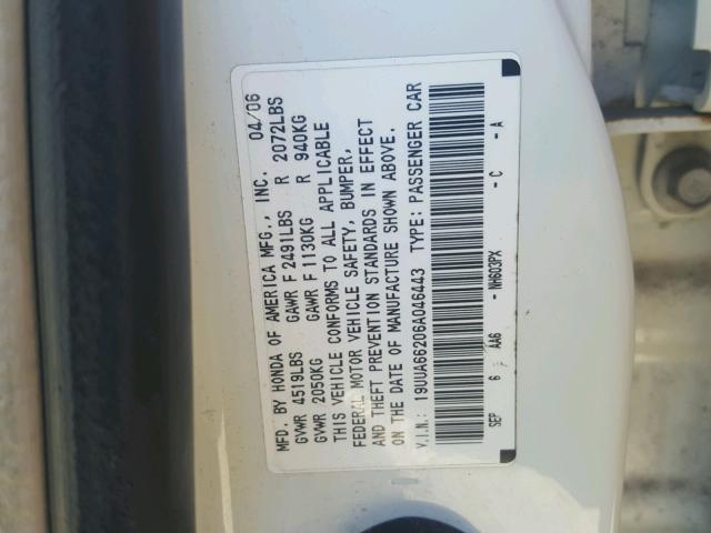 19UUA66206A046443 - 2006 ACURA 3.2TL WHITE photo 10