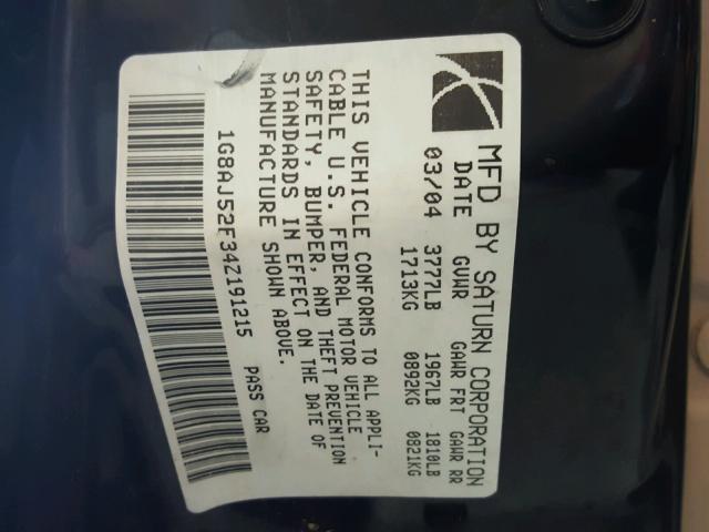 1G8AJ52F34Z191215 - 2004 SATURN ION LEVEL GREEN photo 10