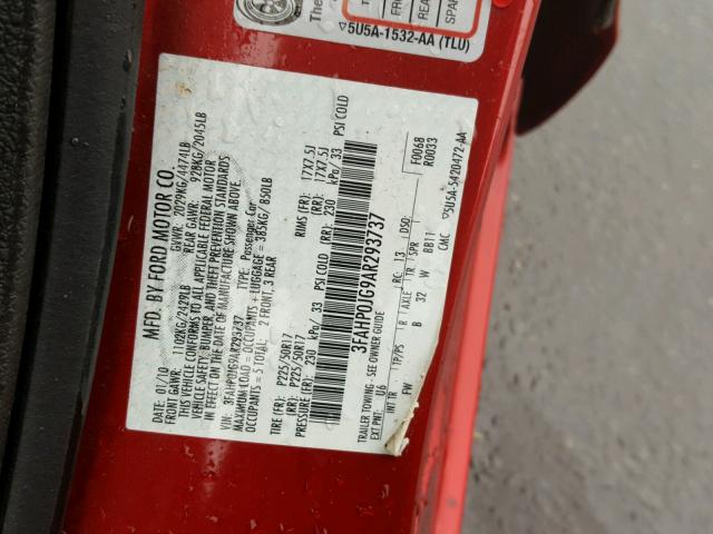 3FAHP0JG9AR293737 - 2010 FORD FUSION SEL RED photo 10