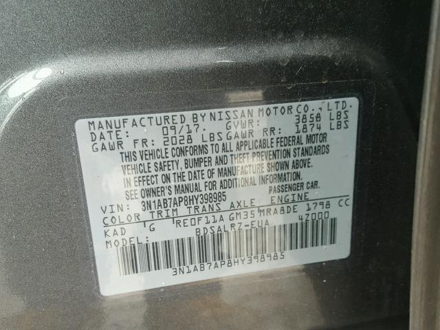 3N1AB7AP8HY398985 - 2017 NISSAN SENTRA S GRAY photo 10