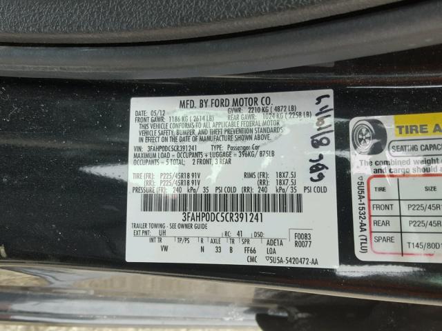 3FAHP0DC5CR391241 - 2012 FORD FUSION SPO BLACK photo 10