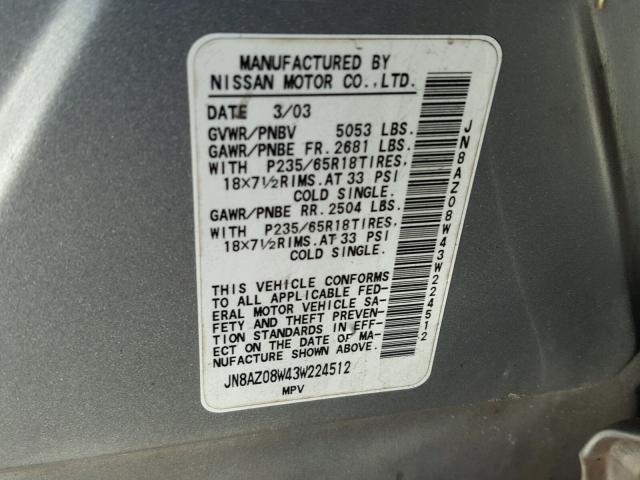 JN8AZ08W43W224512 - 2003 NISSAN MURANO SL SILVER photo 10