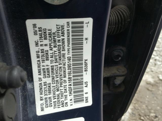 1HGFA16816L095140 - 2006 HONDA CIVIC EX ლურჯი ფოტო 10
