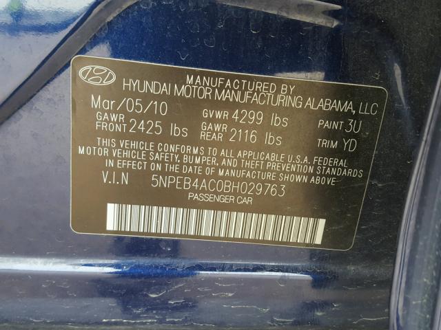 5NPEB4AC0BH029763 - 2011 HYUNDAI SONATA GLS BLUE photo 10