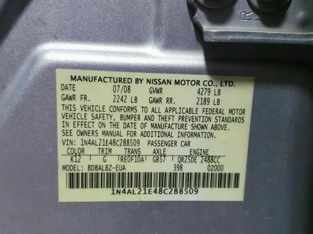 1N4AL21E48C288509 - 2008 NISSAN ALTIMA 2.5 SILVER photo 10