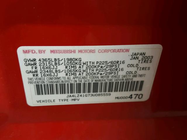 JA4LZ41G73U085559 - 2003 MITSUBISHI OUTLANDER RED photo 10